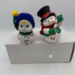 Vintage Snowman Porcelain Bell and 80s Hallmark Stocking Hanger Cheerful Snowman